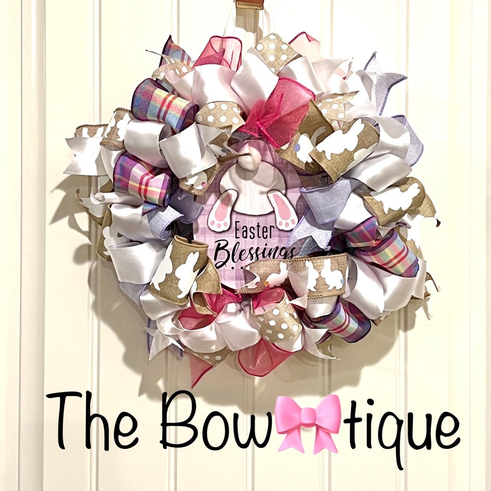 13” Easter Ribbon Wreath "Easter Blessings" Colorful Tailed Bunny Handmade MW4